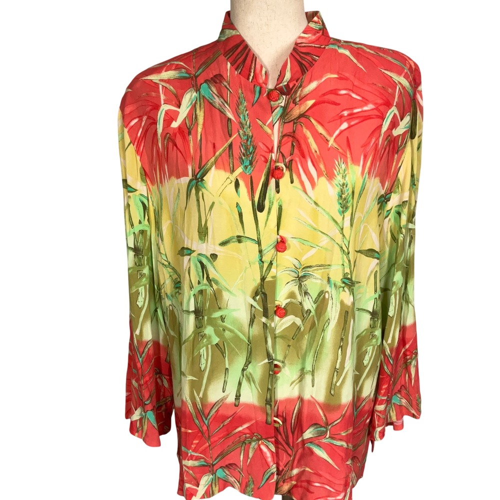 Ruth Norman NY Blouse XLarge Yellow Coral‎ Bamboo Boho Tropical Resort Statement